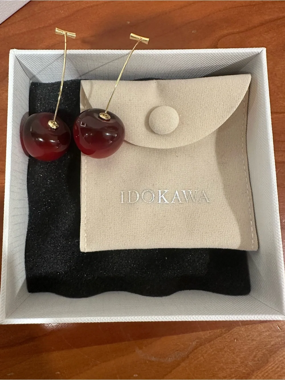 Red Cherry Drop Earrings - Gold Stems